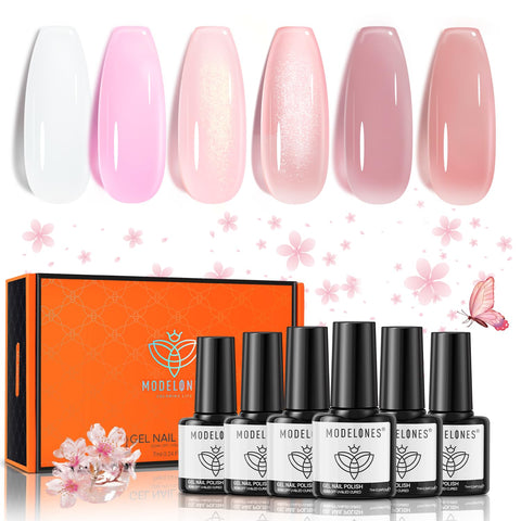 modelones Gel Nail Polish Set, 6 Colors Nude Pink Jelly Gel Polish Milky White Neutral Nail Gel Polish Shimmery Glitter Translucent Nail Art Gel Kit Soak off Manicure DIY Salon Mothers Day Nail Gift