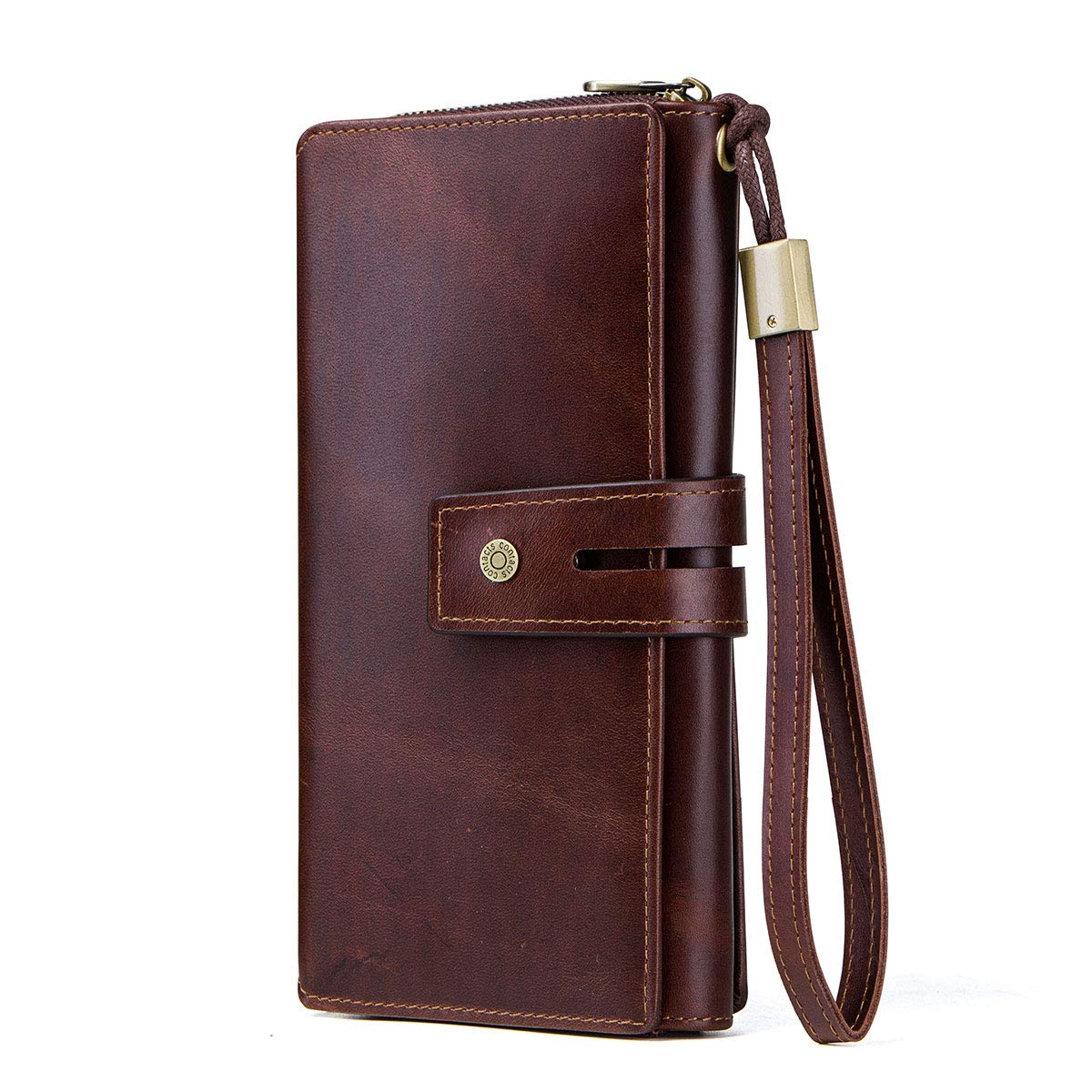 Contacts Leather Clutch Wallet for Men and Women Large Zipper Card Holder Travel Phone Wallet Organizer Wristlet Purse