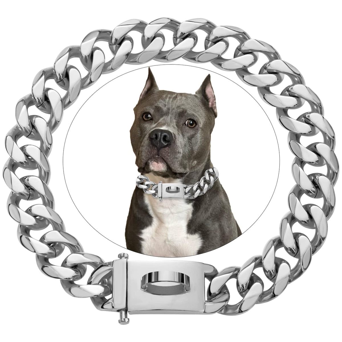 Silver Luxury Cuban Link Dog Collar, Charm Custom Engrave Stainless Steel Personalized Puppy Dog Collar for Small Medium Large Dogs Collar 10Inch-26Inch