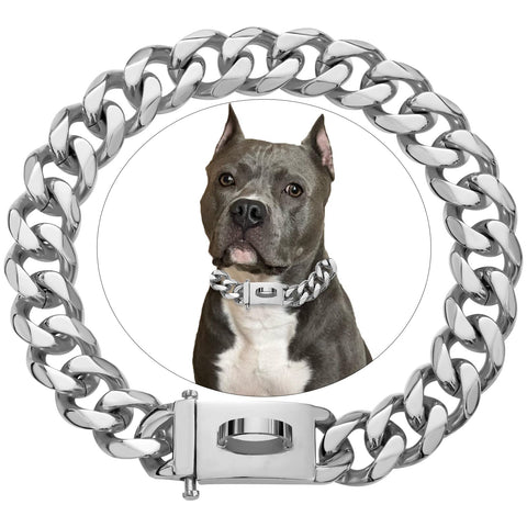 Silver Luxury Cuban Link Dog Collar, Charm Custom Engrave Stainless Steel Personalized Puppy Dog Collar for Small Medium Large Dogs Collar 10Inch-26Inch