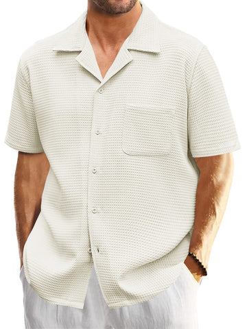 Mens Waffle Button Down Shirt Short Sleeve Loose Fit Cuban Summer Beach Plain Tops Beige