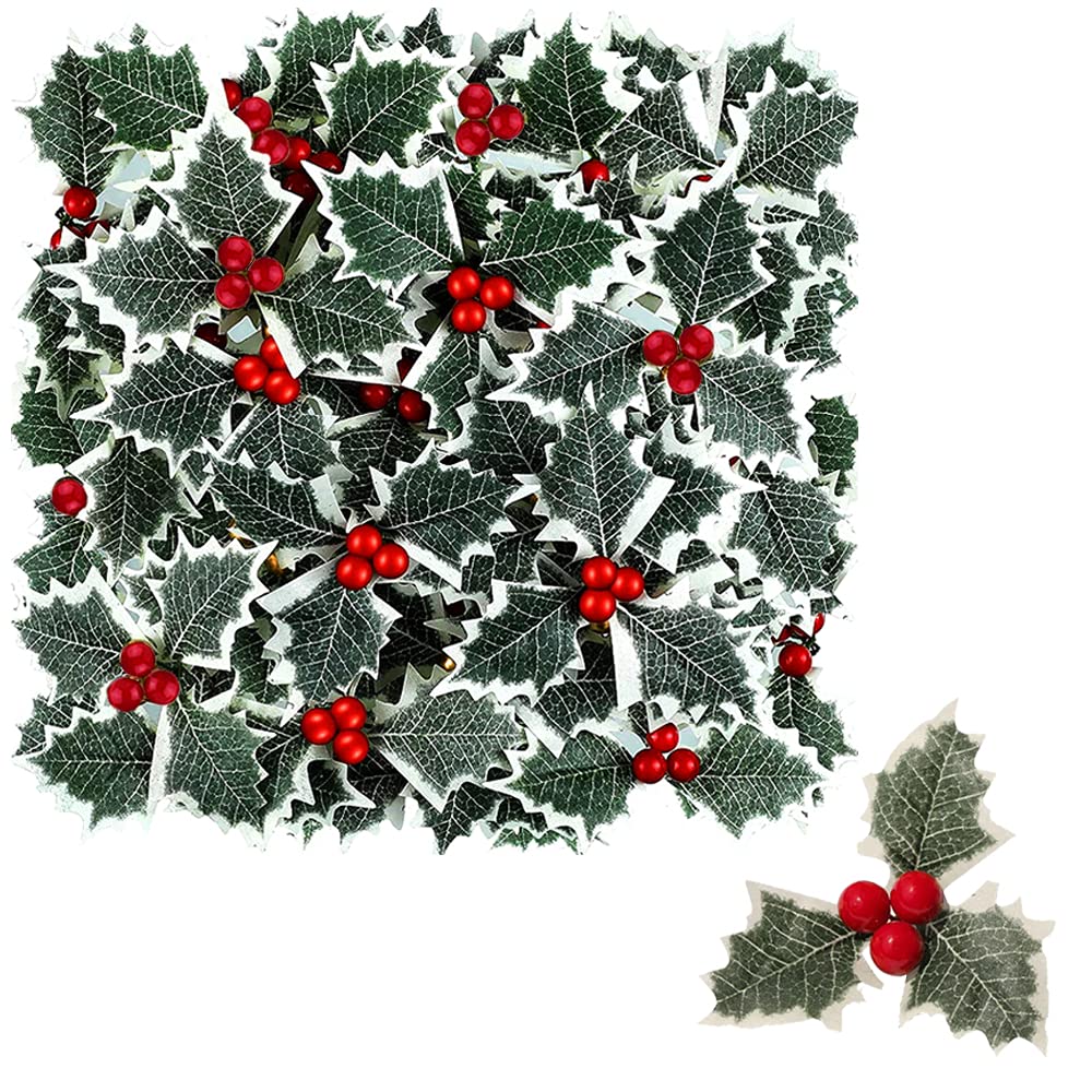 MEZHEN Holly Leaves Christmas Decoration Artificial Berries Holly Leaves for Christmas Party Christmas Decoration Wreath DIY Christmas Tree Table Decoration Pack of 20