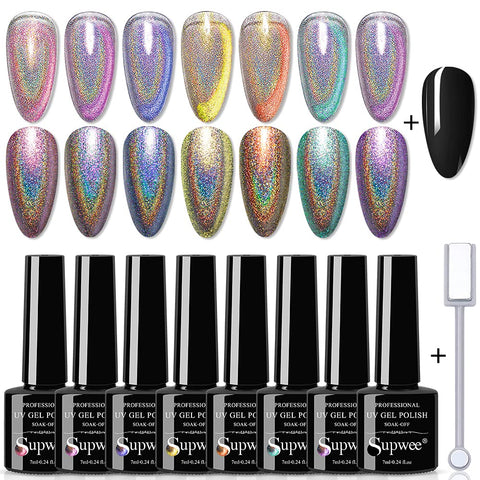 SUPWEE 2-IN-1 Holographic 9D Cat Eye Gel Nail Polish Holo Cat Eye Gel Polish Laser Nail Polish Gel Galaxy Chameleon Magnetic Gel Soak Off UV Gel with Magnet Stick and Black Gel Nail Art Design