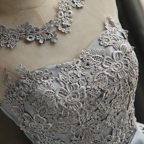 Lace Bridesmaid Party Dress Short Prom Dress Evening Dress Slim Bridesmaid Dress Soft Wedding Pageant Dresses (Grey, Size M) for Party Favors