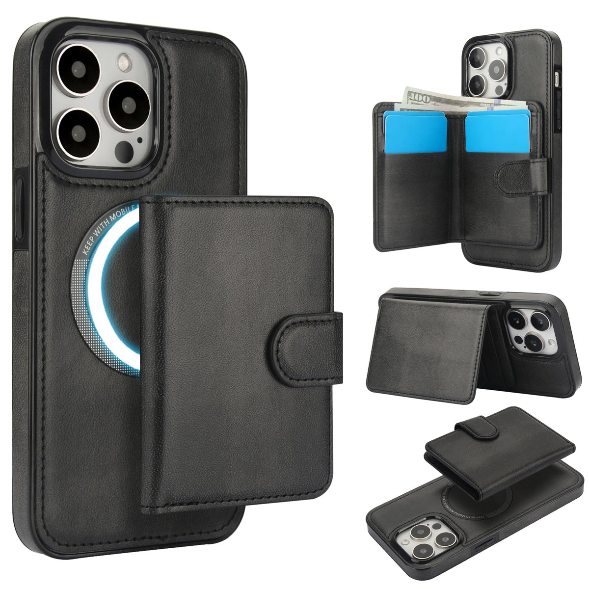 XIMAND for iPhone 16 Pro Max Case with 2 in 1 Detachable Magnetic Wallet, 4 Card Slots and Cash Slot,Compatible with MagSafe, RFlD Blocking Premium PU Leather Wireless Charging-Black