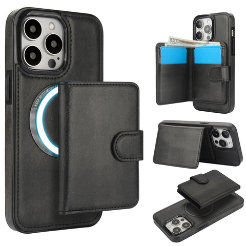 XIMAND for iPhone 16 Pro Max Case with 2 in 1 Detachable Magnetic Wallet, 4 Card Slots and Cash Slot,Compatible with MagSafe, RFlD Blocking Premium PU Leather Wireless Charging-Black