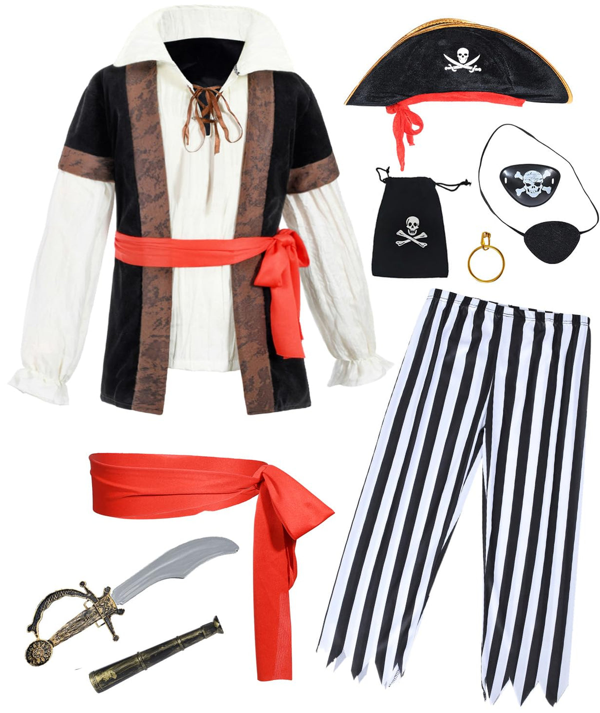 10 PCS Pirate Costume Kids Coat Pants Hat with Accessories Deluxe Set for Party Cosplay 6-7 Years
