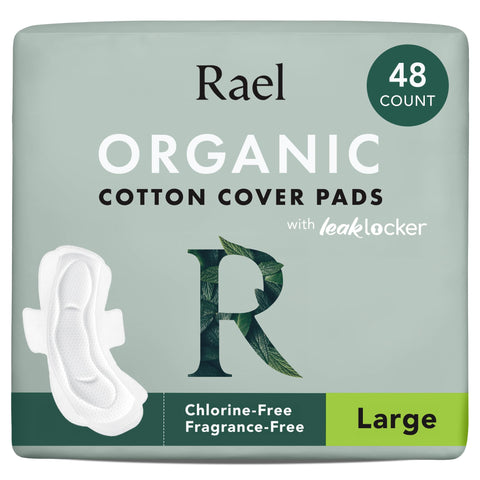 Rael Organic Cotton Cover Sanitary Towels - Heavy Absorbency, Ultra Thin Period Pads with Wings for Women, Unscented, Hypoallergenic, Vegan, Bulk Buy (Large, 48 Count)