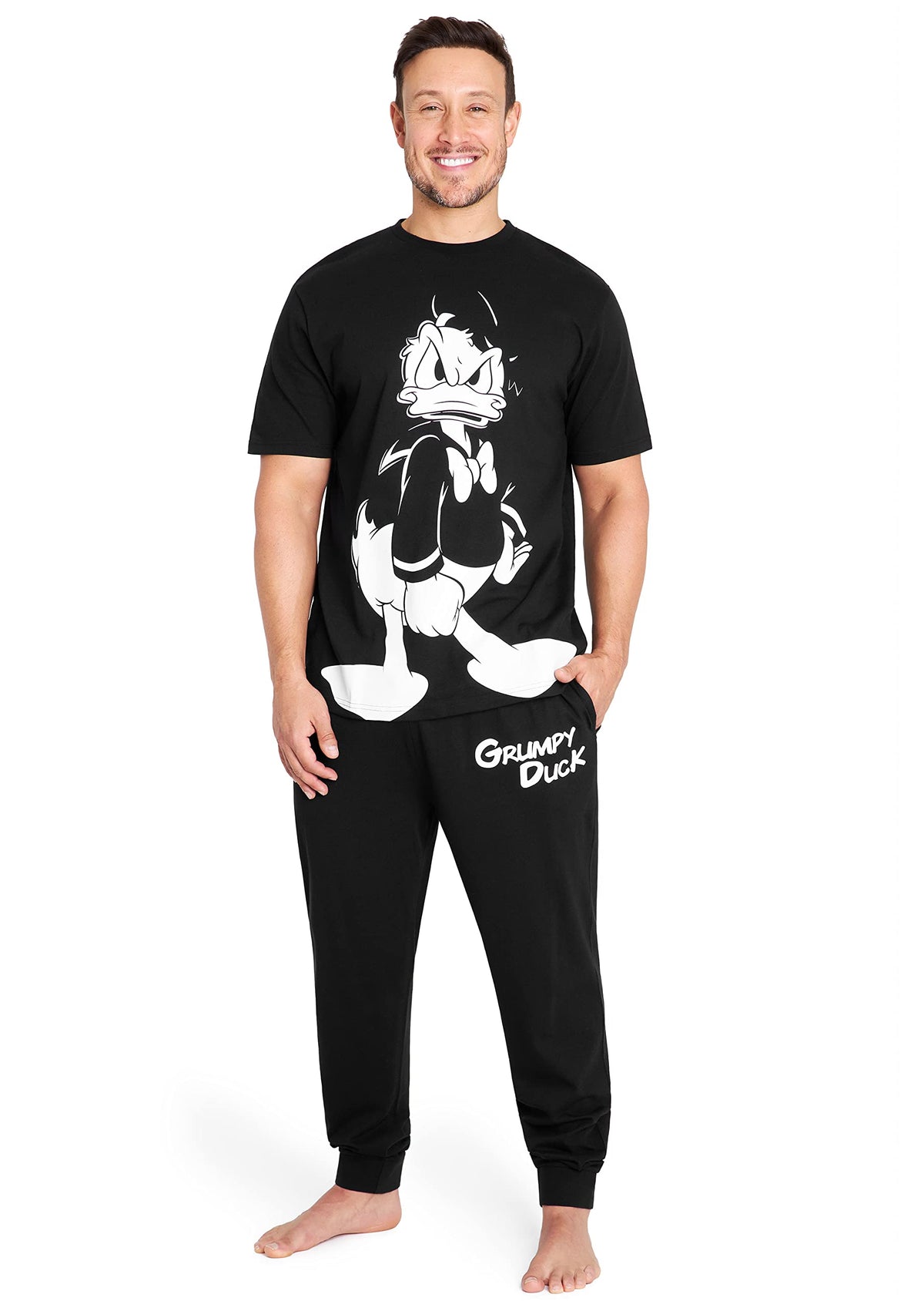 Disney Mens Pyjamas Jack Skellington Donald Duck Grumpy Men's Nightwear Set T-Shirt Long Bottoms PJs M-3XL Loungewear (Black Donald Duck, M)