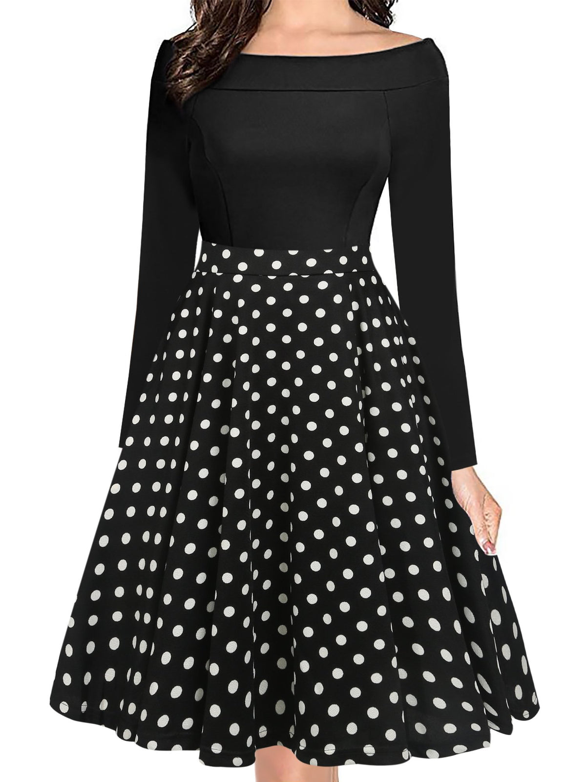 oxiuly Women's Vintage Polka Dot Slash Neck Long Sleeve Casual Pockets Swing Dress OX232 (L, Black dot 9)