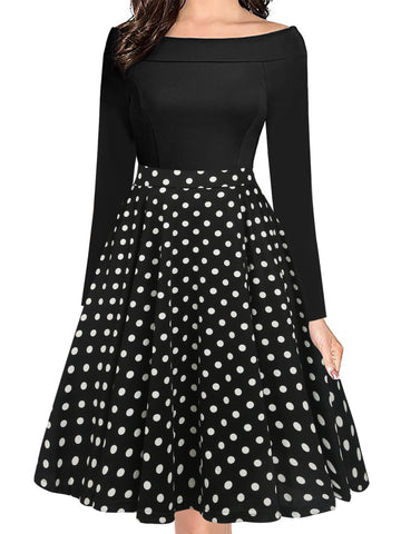 oxiuly Women's Vintage Polka Dot Slash Neck Long Sleeve Casual Pockets Swing Dress OX232 (L, Black dot 9)