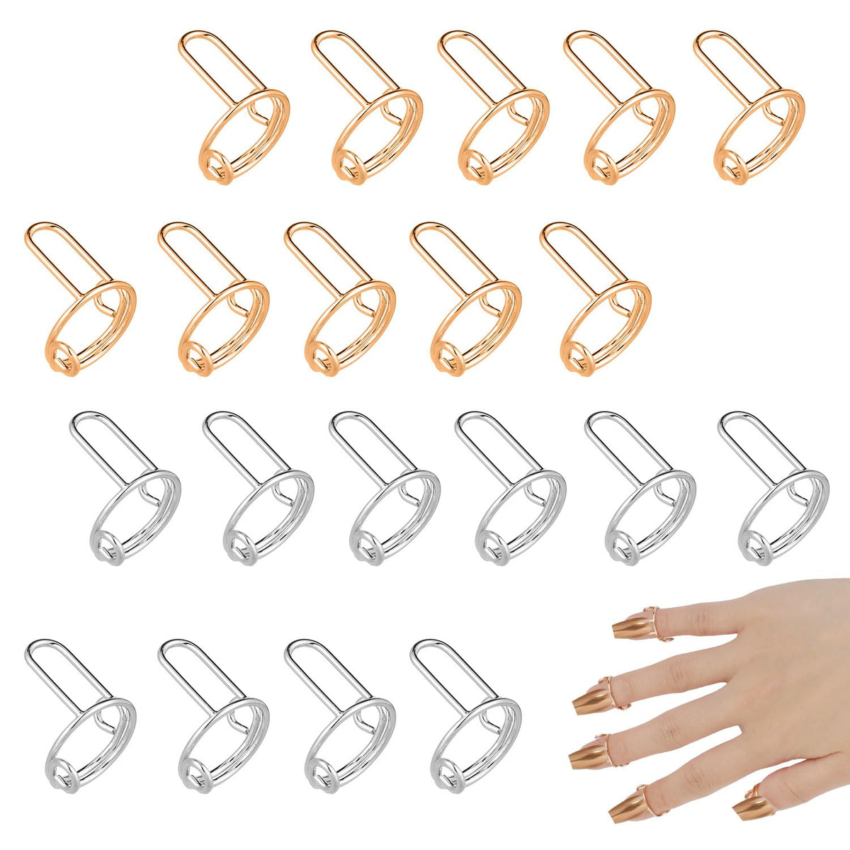 20pcs Wudu Nail Rings, Adjustable Fingernail Rings Reusable Metal Finger Nail Rings for Women No Glue Nails Jewelry Fingertip Gift Decorations for Wearing Manicure Nails(Gold, Silver)