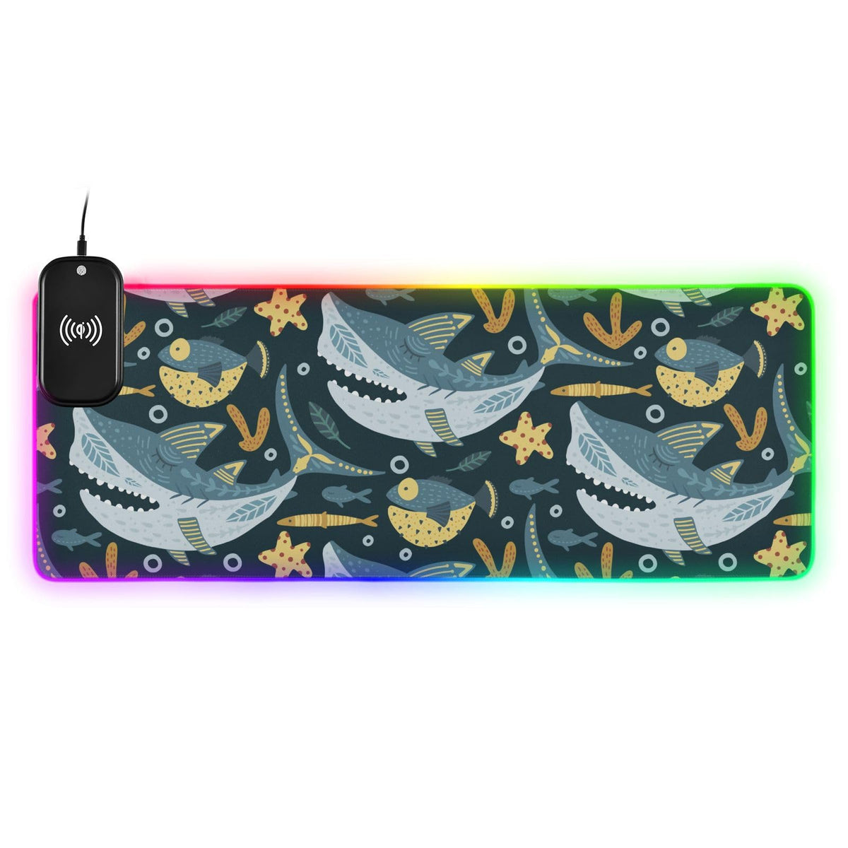 Funny Shark Fish Wireless Charging Mouse Pad for Mobile Phone Extra Large Gaming Mousepad with 13 Lighting Modes Mouse Mat for Gaming MacBook PC Laptop Desk Home Office