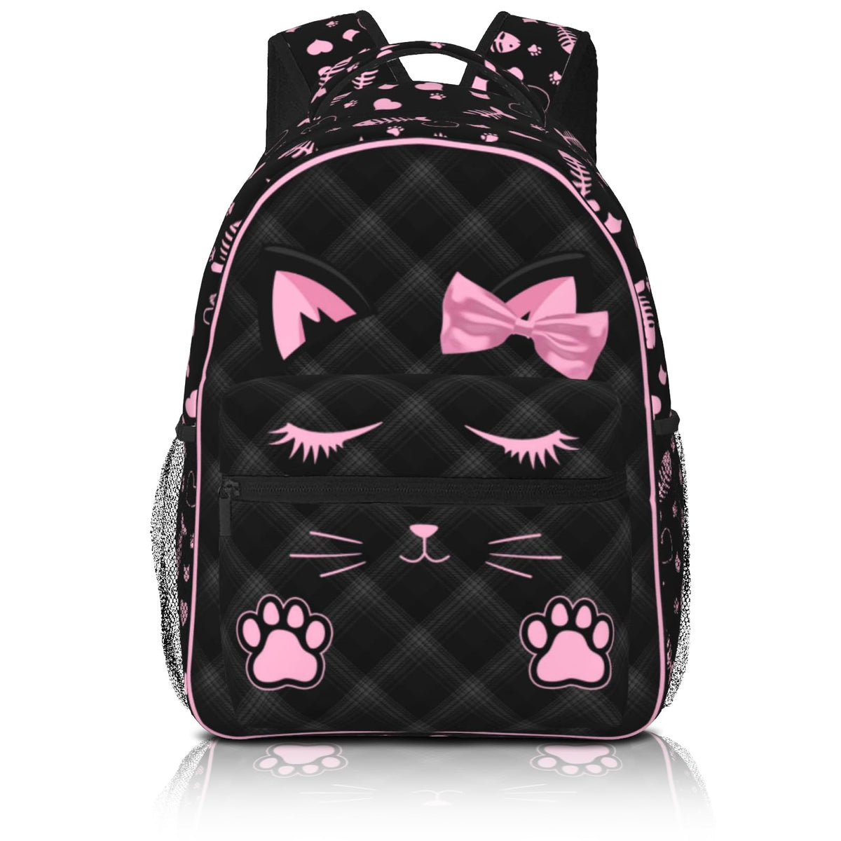 SENROLAN Cute Cat Backpack for Girls Black Pink Animal Cat Print School Bags Lightweight Waterproof Adjustable Students Bookbag for Kids Children Teenager Travel Daypack