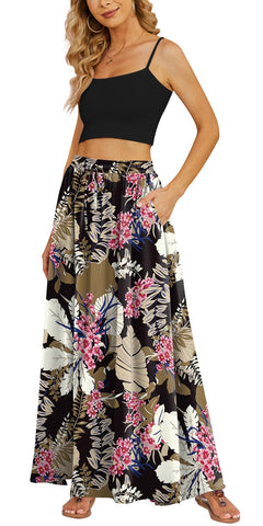 Yincro Women's Flowy Maxi Skirt Summer Pleated High Waisted Casual Long Skirts with Pockets, Large Leaf Pink Flower, XL