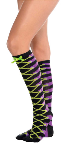 amscan 394249 Laced up Witch Adult Knee-High Socks with Green Top Bow