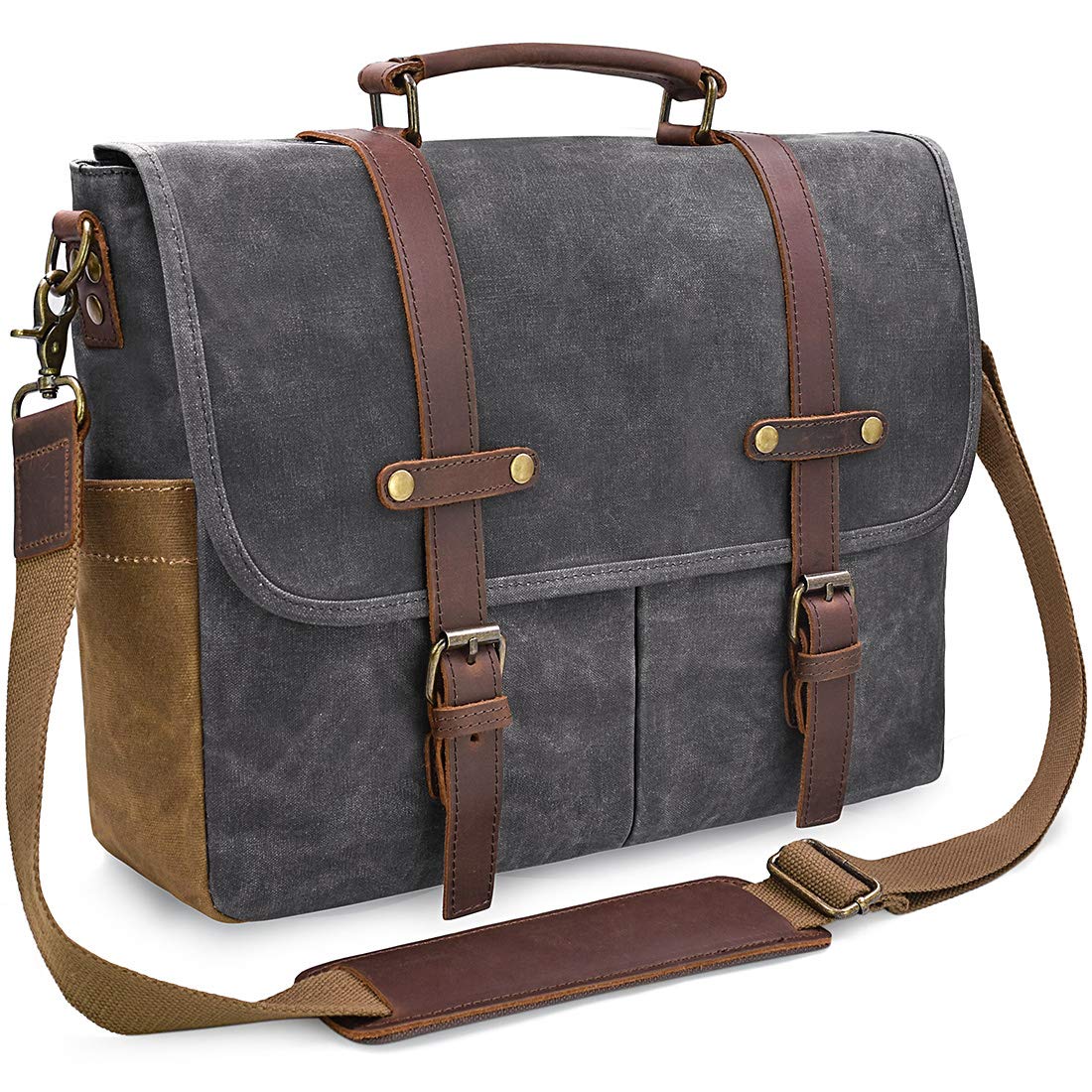 NEWHEY Mens Laptop Shoulder Canvas Messenger Bag Waterproof Computer Briefcase Notebook Vintage Satchel Designer School Work Bags Grey 15.6 Leather