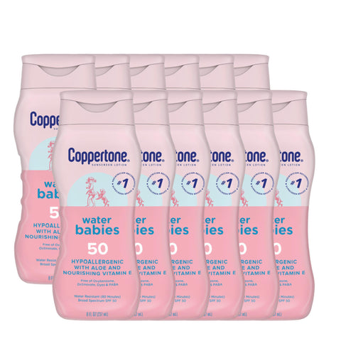 Coppertone Water Babies Sunscreen Lotion SPF 50, Pediatrician Recommended Baby Sunscreen, Water Resistant Sunscreen for Babies, 8 Fl Oz Bottle (Pack of 12)