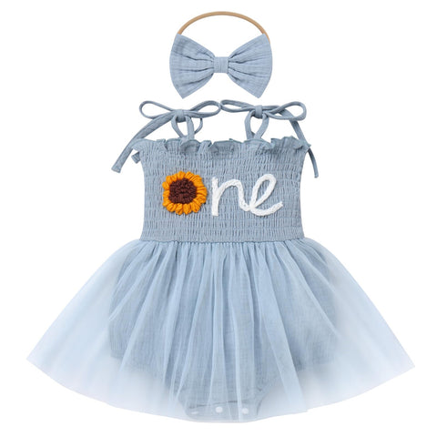 1st Birthday Outfit Girl Baby Sunflower Cotton Sleeveless Spaghetti Straps Bodysuit Romper Tulle Tutu Dress Headband Boho Princess One Year Cake Smash Clothe Toddler First Easter Dress Blue 6-12M