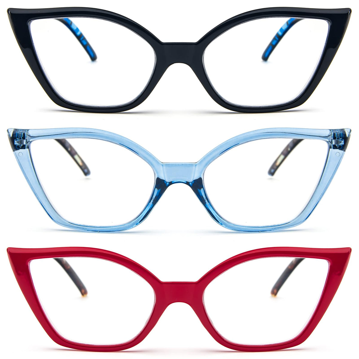 DXYXYO Cat Eye Reading Glasses 1.5 Women, 3 Pack Anti Blue Light Computer Readers Stylish Retro with Spring Hinge, Black leopard+red leopard+blue leopard