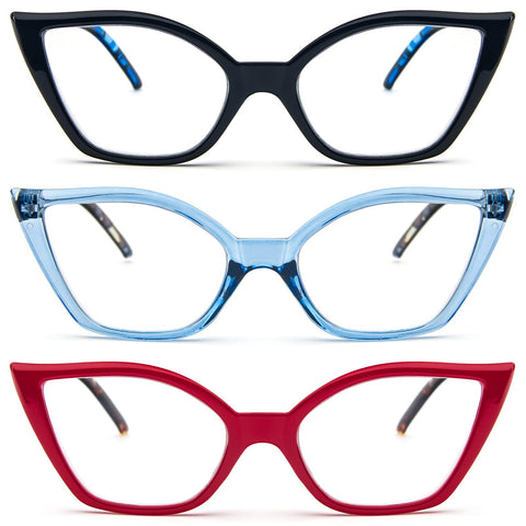 DXYXYO Cat Eye Reading Glasses 1.5 Women, 3 Pack Anti Blue Light Computer Readers Stylish Retro with Spring Hinge, Black leopard+red leopard+blue leopard