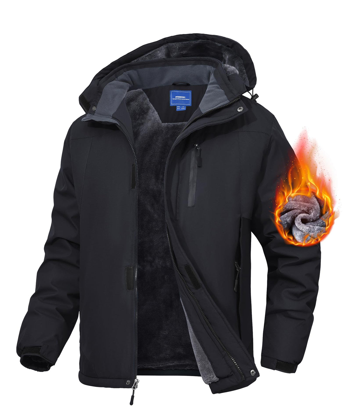 Zoofly Men's Mountain Ski Jacket Waterproof Fleece Liner Snow Coat Warm Winter Windproof Hooded Raincoat, Black, Large