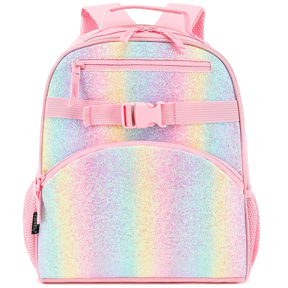 FlowFly Kids Backpack for Toddler Boys Girls, Simple Lightweight Bookbag for Daycare Kindergarten Elementary School Travel, Small Modern Bag (Medium 15'', Glitter-Rainbow)