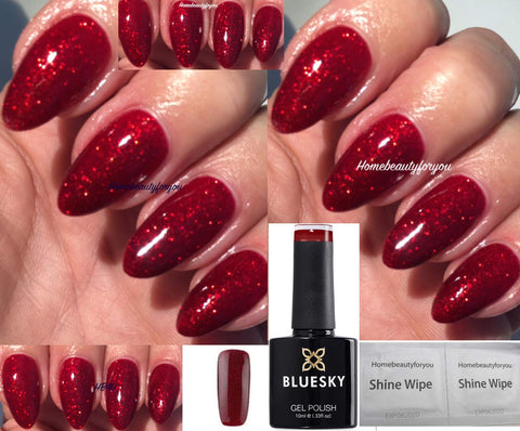 BLUESKY ks4010 Red Flame Bright Red Glitter Nail Polish Gel UV LED Soak Off 10ml PLUS 2 homebeautyforyou Shine Wipes