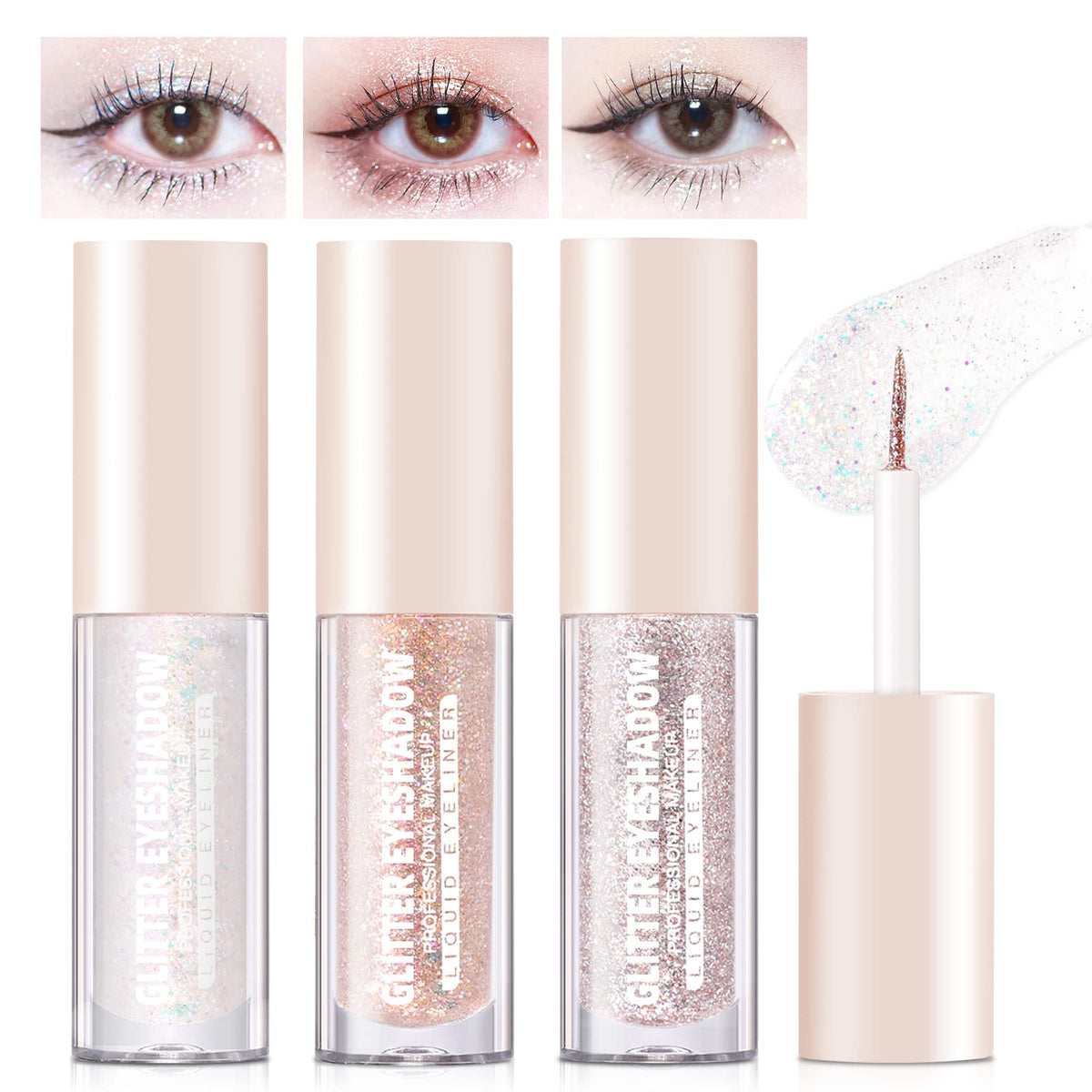 HOSAILY 3Pcs Liquid Glitter Eyeshadow Eyeliner Korean Makeup, Sparkling Metallic Shimmer Long Lasting Liquid Glitter Eye Shadow Eyeliner Eyelid, Tear Drop Loose Glitter Glue for Eye Crystals Makeup