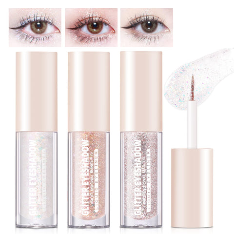 HOSAILY 3Pcs Liquid Glitter Eyeshadow Eyeliner Korean Makeup, Sparkling Metallic Shimmer Long Lasting Liquid Glitter Eye Shadow Eyeliner Eyelid, Tear Drop Loose Glitter Glue for Eye Crystals Makeup