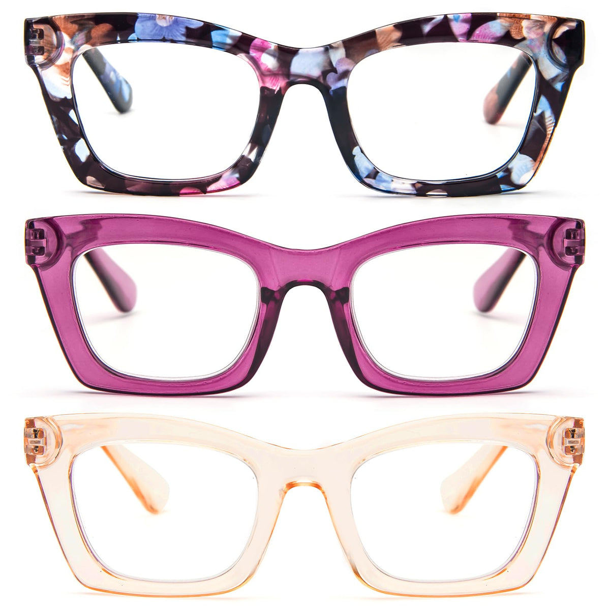 REAVEE 3 Pack Oprah Style Reading Glasses for Women Blue Light Blocking, Cute Oversized Square Computer Readers with Spring Hinge, Flower Rose Tea 2.75