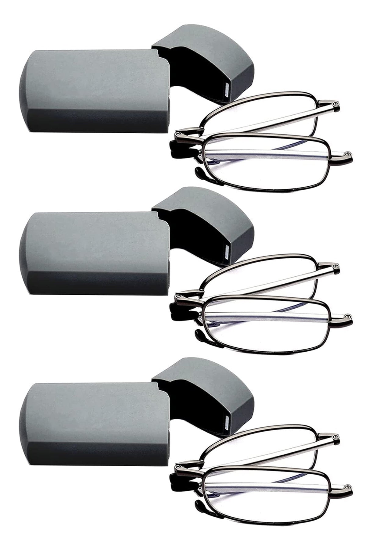 GOOSEN 3-Pack Reading Glasses Men Women, Pocket Wallet Purse Compact Hard Cases Folding Readers, Blue light Glasses Spring Hinge, 3 Gunmetal 1.5 x