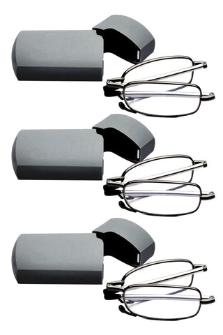 GOOSEN 3-Pack Reading Glasses Men Women, Pocket Wallet Purse Compact Hard Cases Folding Readers, Blue light Glasses Spring Hinge, 3 Gunmetal 1.5 x