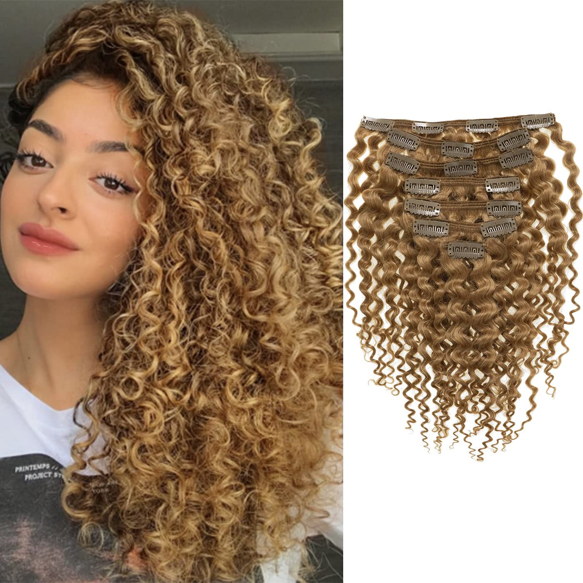 Loxxy Curly Clip in Hair Extensions for Black Women Super Soft 3B 3C Curly Hair Clip in Extensions Strawberry Blonde Full Head Remy Thick Hair Jerry Curly Hair Extensions 16inch 120g