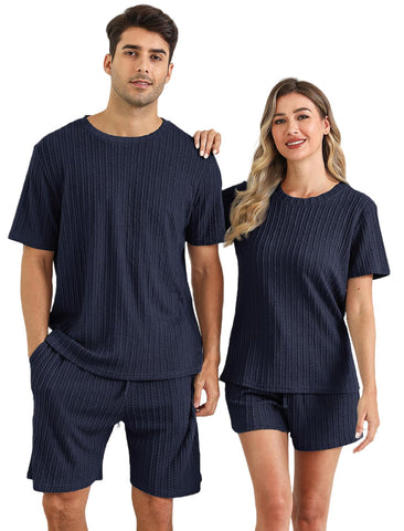 EISHOPEER Mens Pajama Set Kint Ribbed Sleepwear Nightwear Soft Short Sleeve Crew-Neck Pjs Sleep Set with Pockets Navy Blue Large