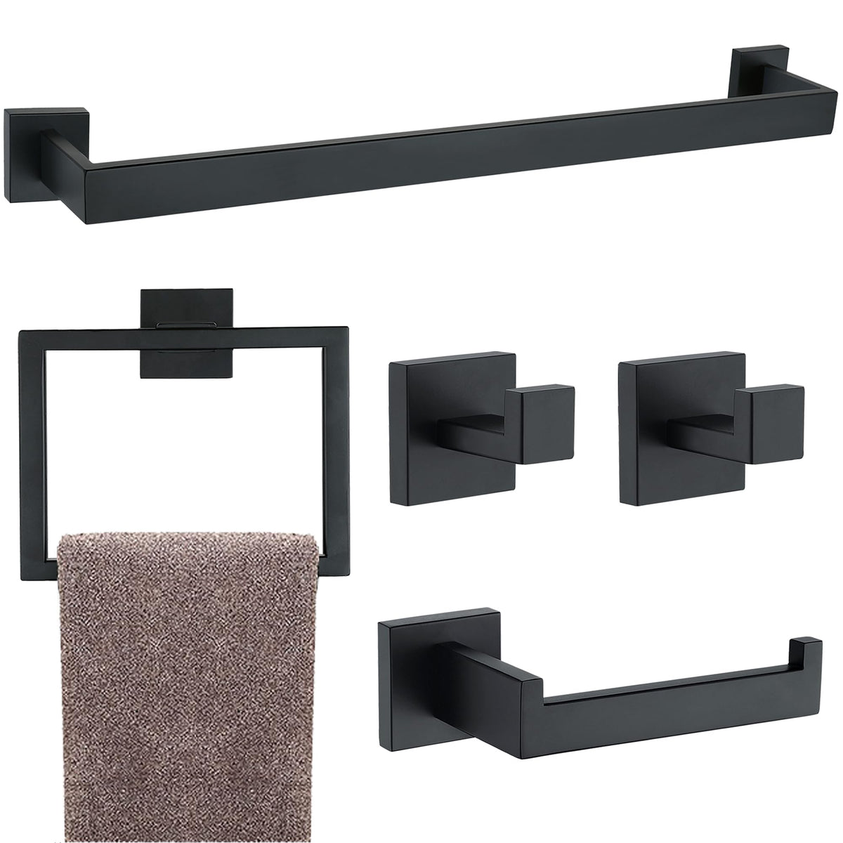 5 Pieces Bathroom Hardware Accessories Set Matte Black, 16Inch Towel Racks for Bathroom, Bathroom Towel Rack Set SUS304 Stainless Steel, Square Towel Bar Set, Bath Accessories Sets Wall Mounted