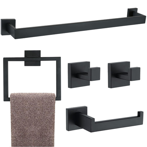 5 Pieces Bathroom Hardware Accessories Set Matte Black, 16Inch Towel Racks for Bathroom, Bathroom Towel Rack Set SUS304 Stainless Steel, Square Towel Bar Set, Bath Accessories Sets Wall Mounted