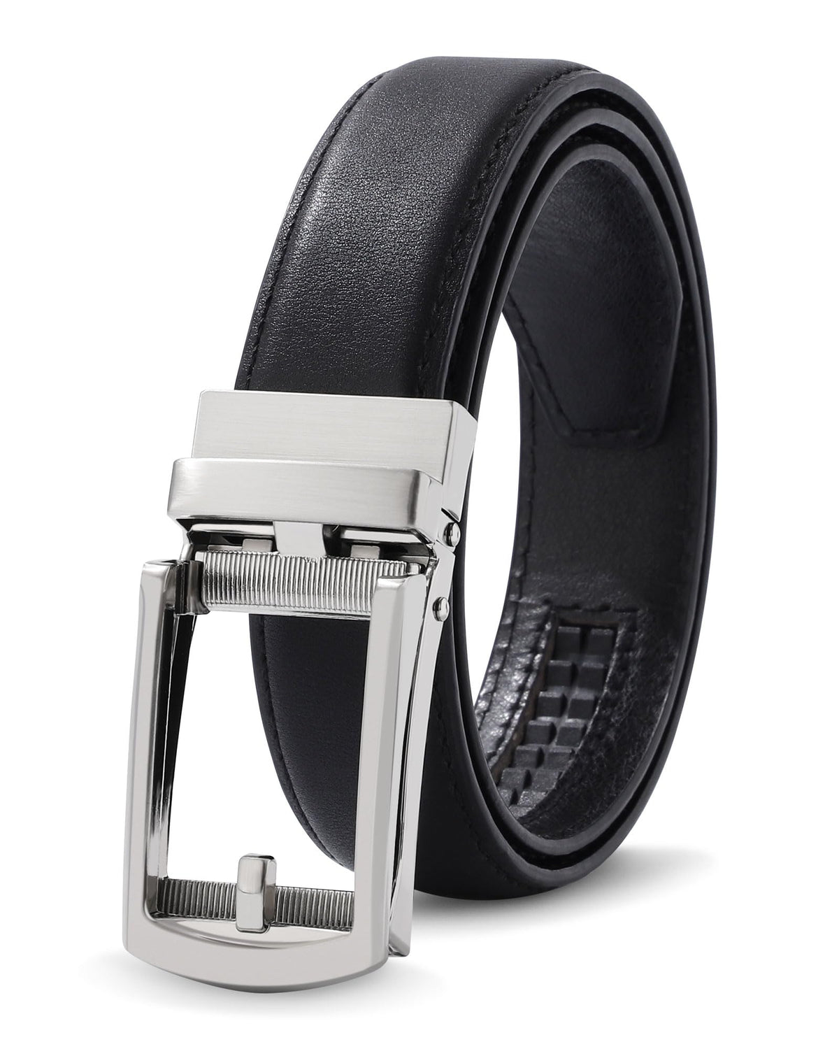 AWAYTR Boys Ratchet Belt for Kids - Black and Brown Leather Belts for Dress Pants Uniform Jeans (100cm,Silver-Black)