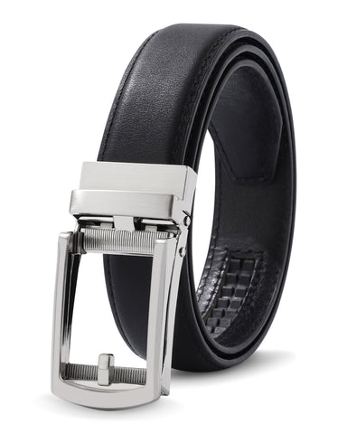 AWAYTR Boys Ratchet Belt for Kids - Black and Brown Leather Belts for Dress Pants Uniform Jeans (100cm,Silver-Black)