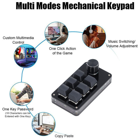 Walfront Mini Macro Mechanical Gaming Keyboard 6 Keys 1 Knob USB PC Keypad One Handed Custom Function Gaming Keyboard for Laptop Computers