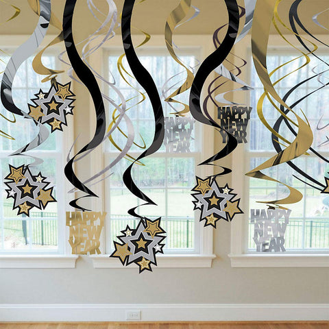 Amscan Rocking New Year Party Hanging Swirl Decorations, Black/Gold/Silver, Foil, Pack of 30 Party Supplies