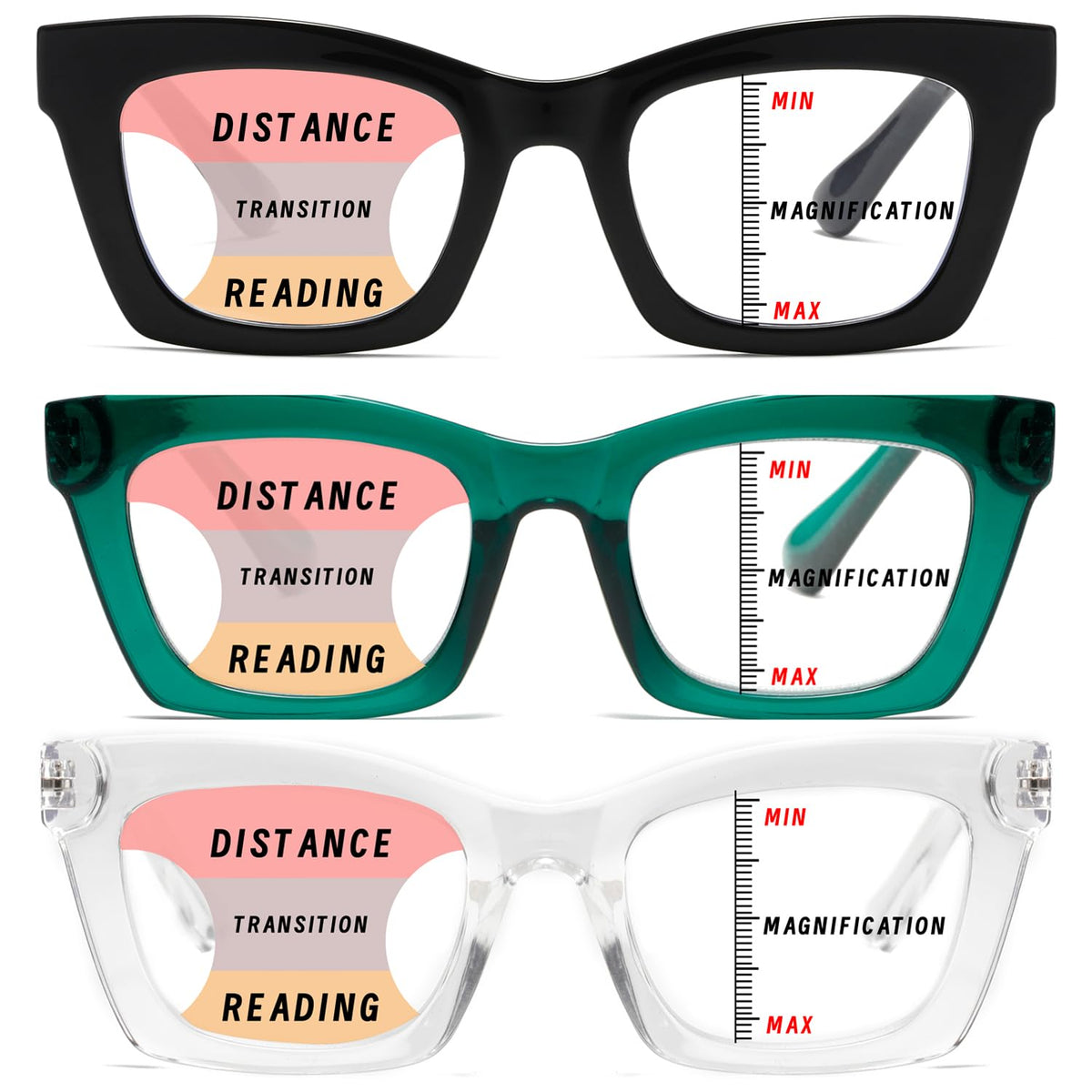 Hubeye 3 Pack Progressive Multifocus Reading Glasses for Women Blue Light Blocking Oprah Style Square Reader Spring Hinge +2.0