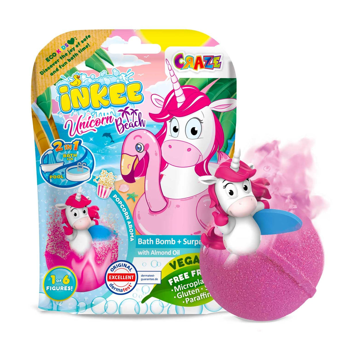 CRAZE Inkee Surprise Unicorn Beach Unicorn Bath Bomb with Surprise Bath Bomb with Unicorn Figure, Pop Corn Aroma, Dermatologically Tested, Pack of 1
