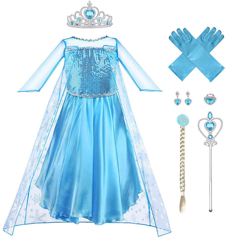 Vicloon Elsa Dress, 5PCS Elsa Princess Costume, Elsa Costume Dress with Fairy Crown Wand Gloves and Tiara, Fancy Blue Dress with Elsa Dress Up Accessories Set for Cosplay, Girls Party (5-6 years)