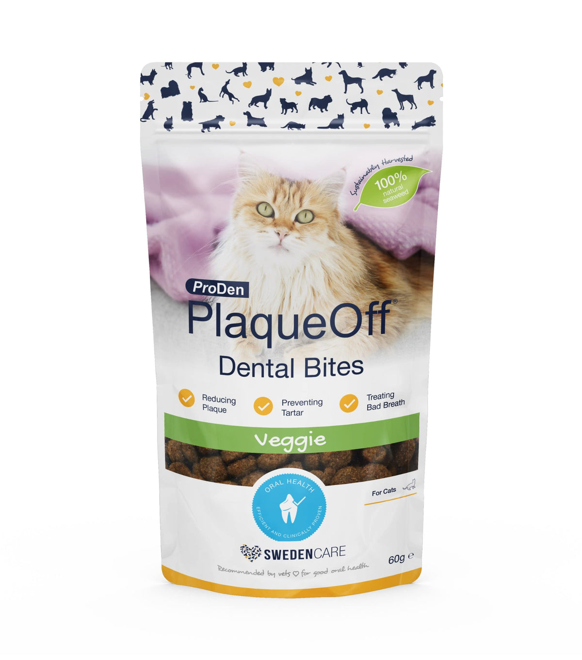 ProDen PlaqueOff Dental Bites for Cats Tartar & Bad Breath Remover 100% Natural Teeth Cleaner - Improve Overall Oral Health - Veggie Flavor 60g