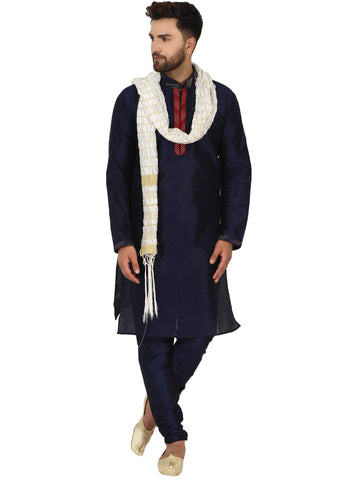 SKAVIJ Men's Art Silk Embroidered Kurta Pyjama Scarf Set Woven Design Festive Party Dress (KP032blue_Blue_L)