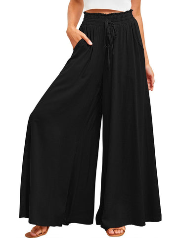 utcoco Palazzo Pants for Women Casual Loose High Waisted Wide Leg Pants with Drawstring (Small, Black)