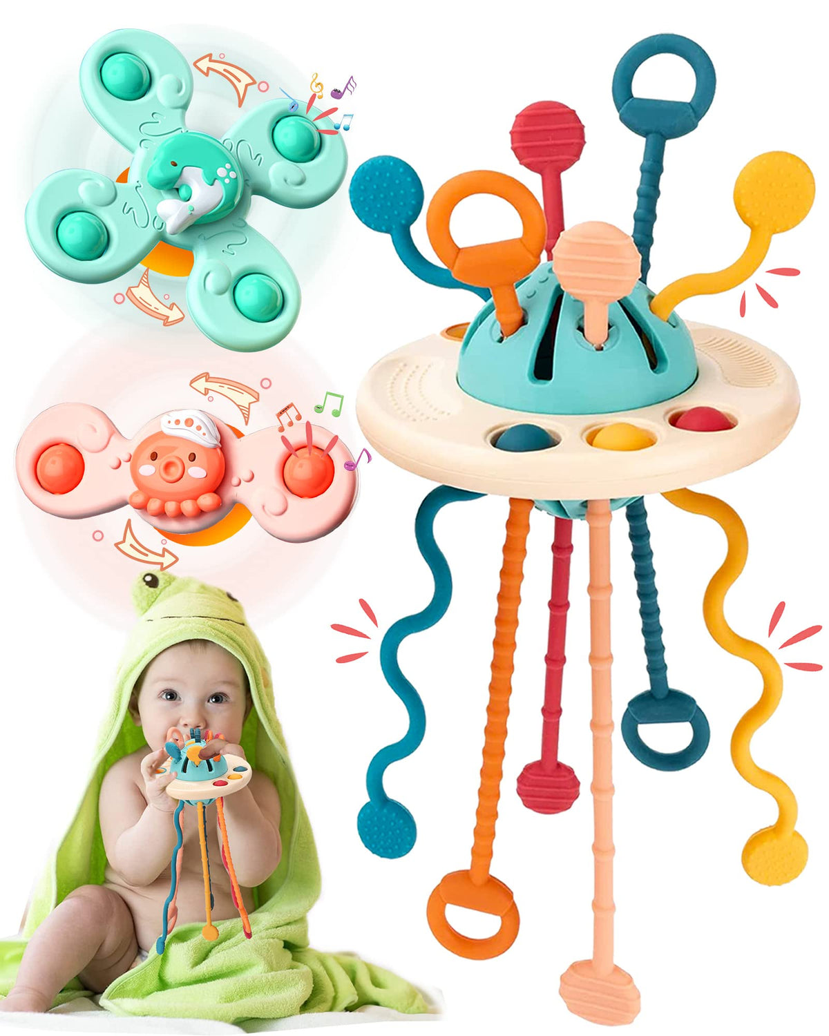 Baby Sensory Toys, Montessori Toys Toddler Toys Pull String Activity Toy Travel Toys for Babies Suction Cup Spinner Toys for Baby Boys Girls Birthday
