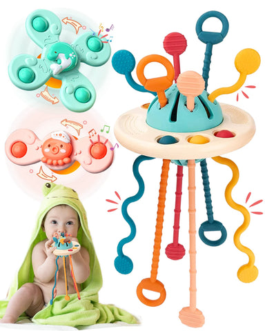 Baby Sensory Toys, Montessori Toys Toddler Toys Pull String Activity Toy Travel Toys for Babies Suction Cup Spinner Toys for Baby Boys Girls Birthday