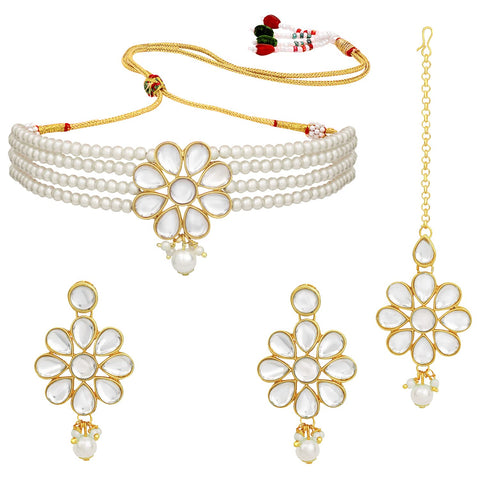 Aheli Traditional Gold Plated White Kundan Pearl Choker Necklace Jewelry Set
